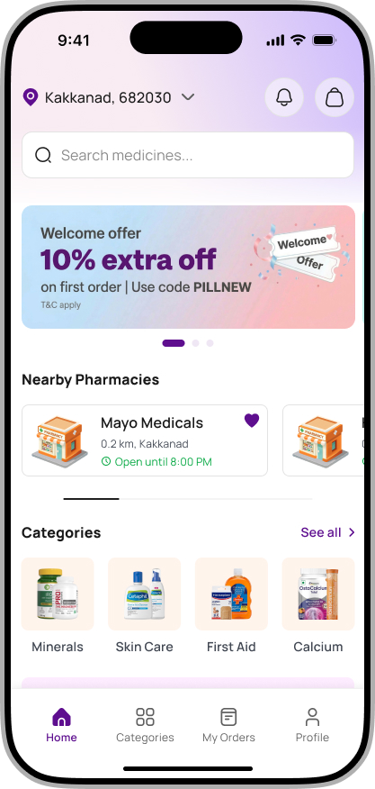 PilMate app — home screen with nearby pharmacies and categories