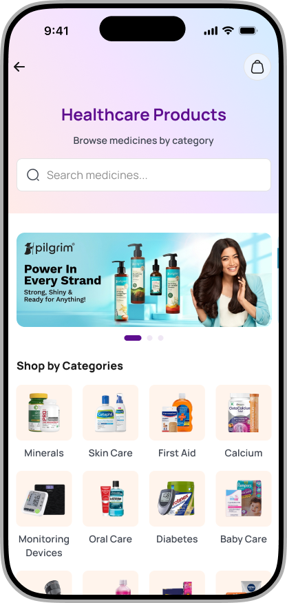PilMate app — browse healthcare products by category